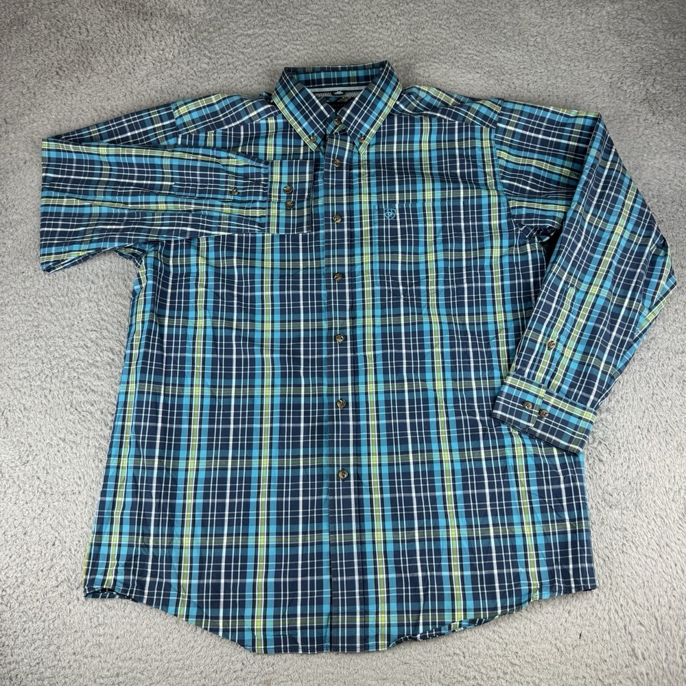 Ariat Pro Series Shirt Mens L Blue Plaid Long Sleeve Stretch Button Up Western